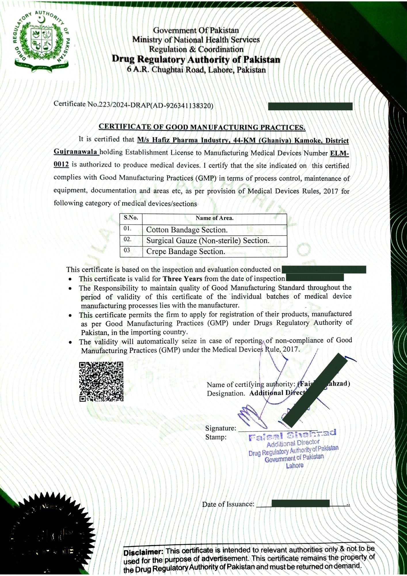 HAFIZ PHARMA INDUSTRY - CERTIFICATE OF GOOD MANAFACTURING PRACTICES