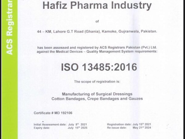 HAFIZ PHARMA INDUSTRY - ISO 13485-2016 CERTIFICATOIN