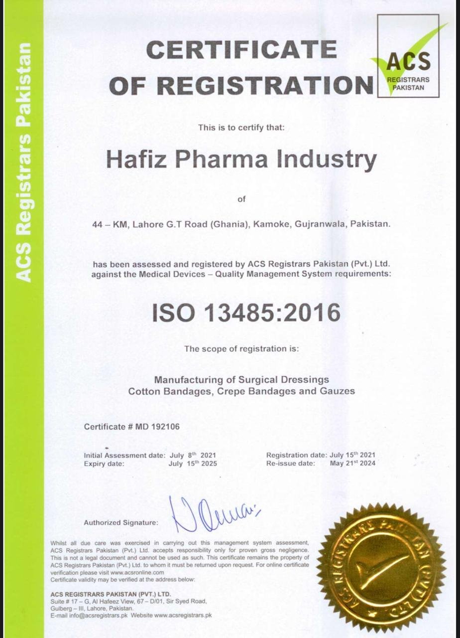 HAFIZ PHARMA INDUSTRY - ISO 13485-2016 CERTIFICATOIN
