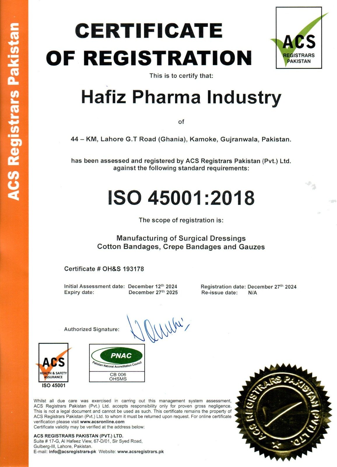 HAFIZ PHARMA INDUSTRY - ISO 45001-2018